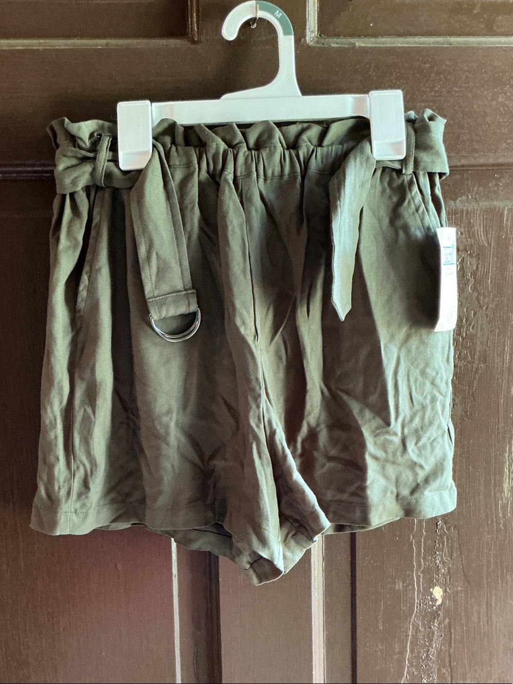 SACHI Olive High-Waist Paperbag Shorts with Tie Belt